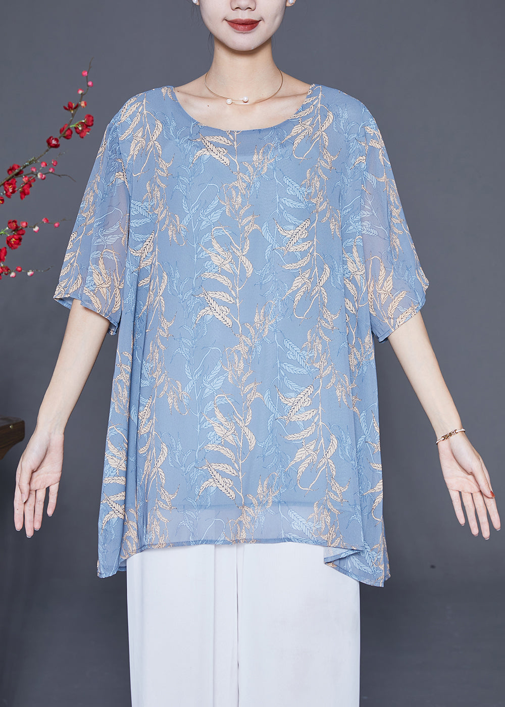 Elegant Grey Blue Oversized Print Chiffon Shirt Tops Summer Ada Fashion