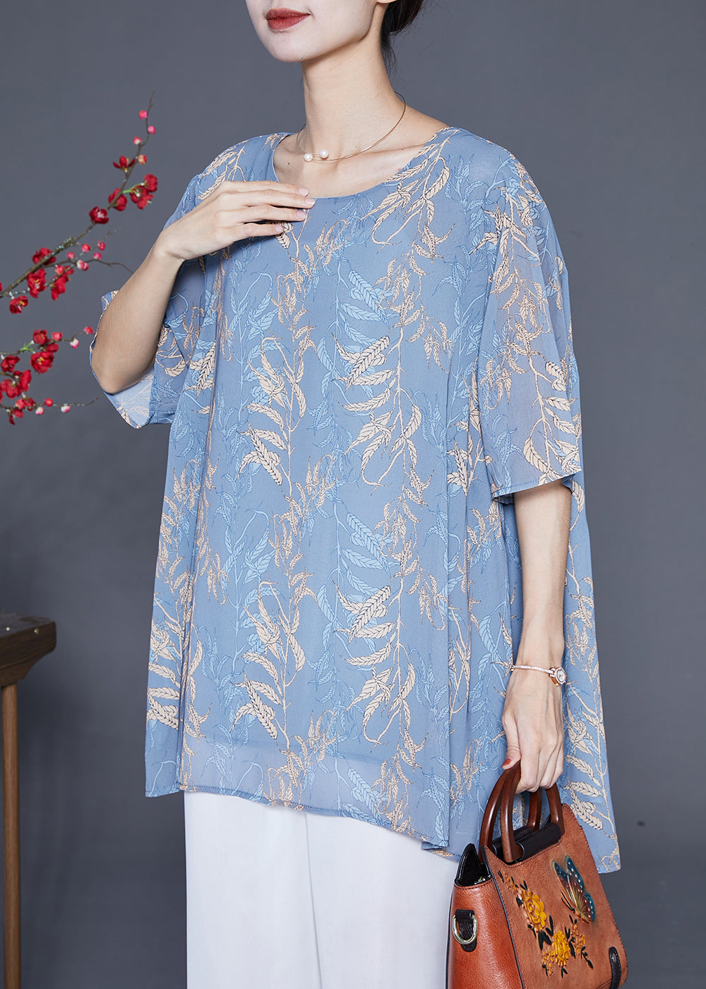 Elegant Grey Blue Oversized Print Chiffon Shirt Tops Summer Ada Fashion