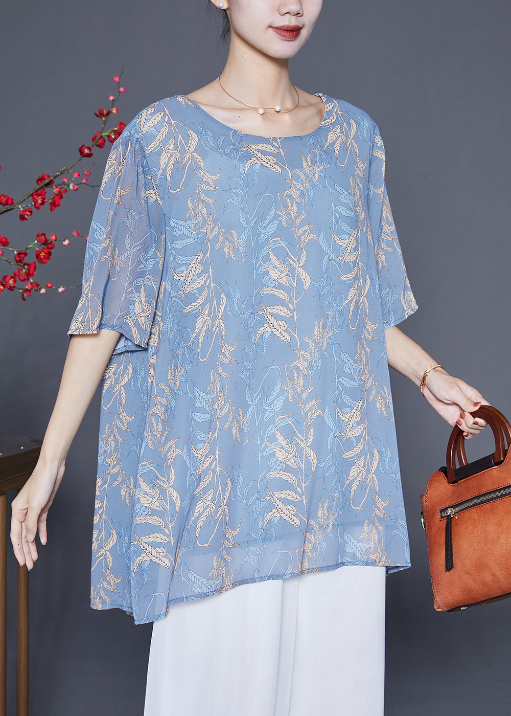 Elegant Grey Blue Oversized Print Chiffon Shirt Tops Summer Ada Fashion