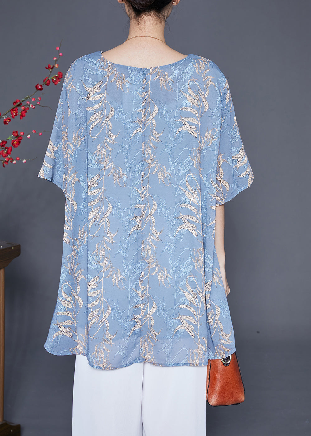 Elegant Grey Blue Oversized Print Chiffon Shirt Tops Summer Ada Fashion