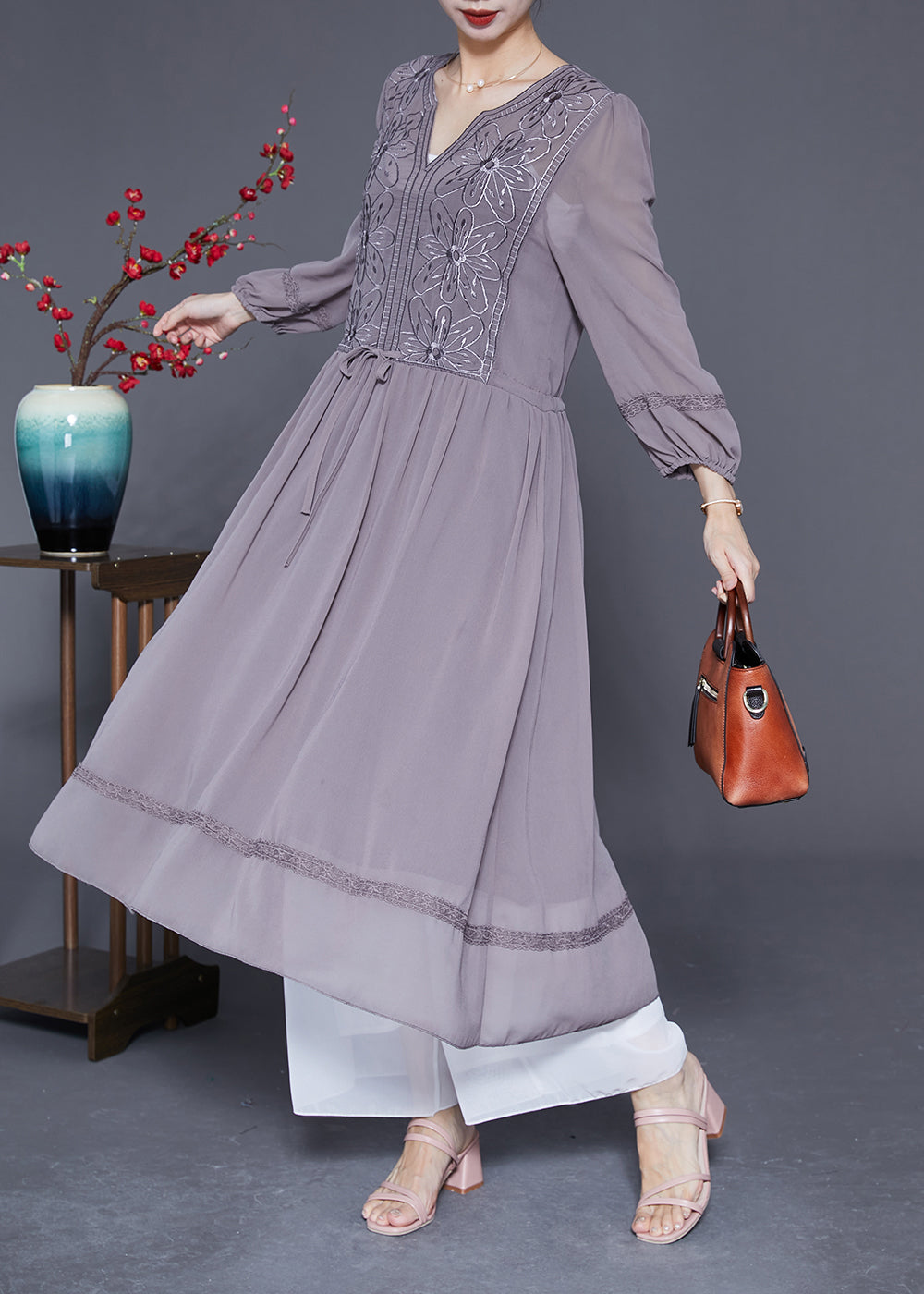 Elegant Grey Embroideried Tie Waist Silk Maxi Dresses Spring LY2861 - fabuloryshop