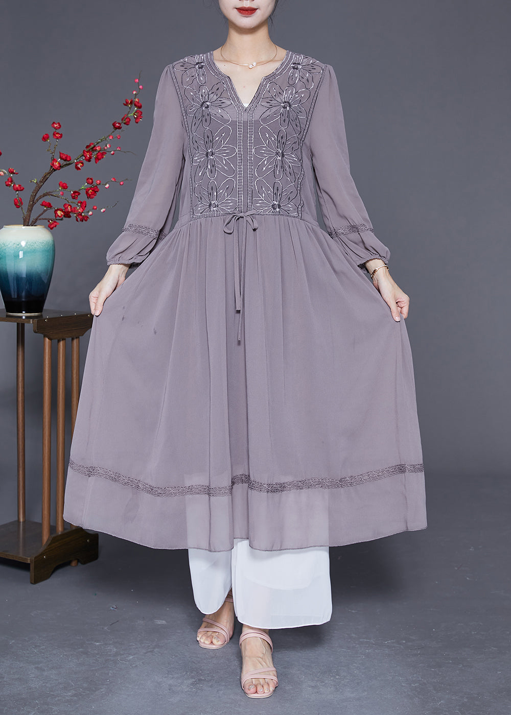 Elegant Grey Embroideried Tie Waist Silk Maxi Dresses Spring LY2861 - fabuloryshop