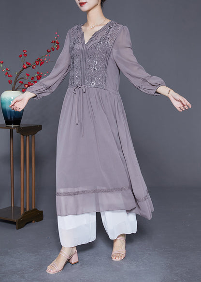 Elegant Grey Embroideried Tie Waist Silk Maxi Dresses Spring LY2861 - fabuloryshop