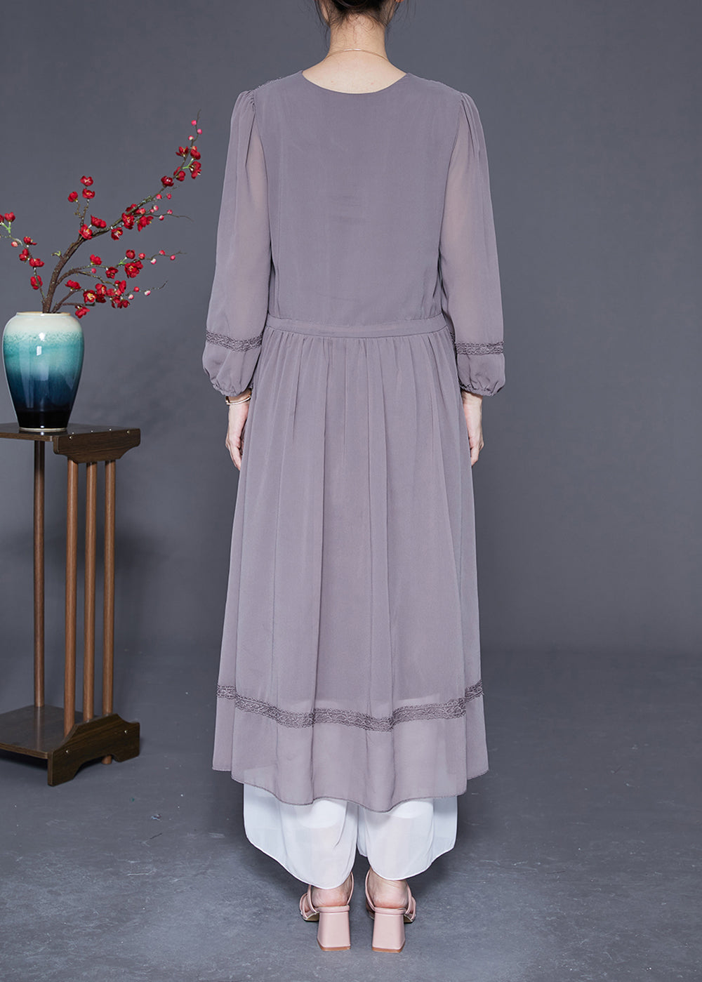 Elegant Grey Embroideried Tie Waist Silk Maxi Dresses Spring LY2861
