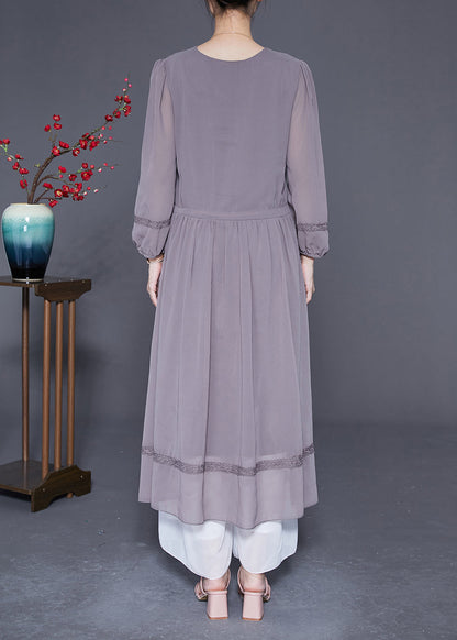 Elegant Grey Embroideried Tie Waist Silk Maxi Dresses Spring LY2861 - fabuloryshop