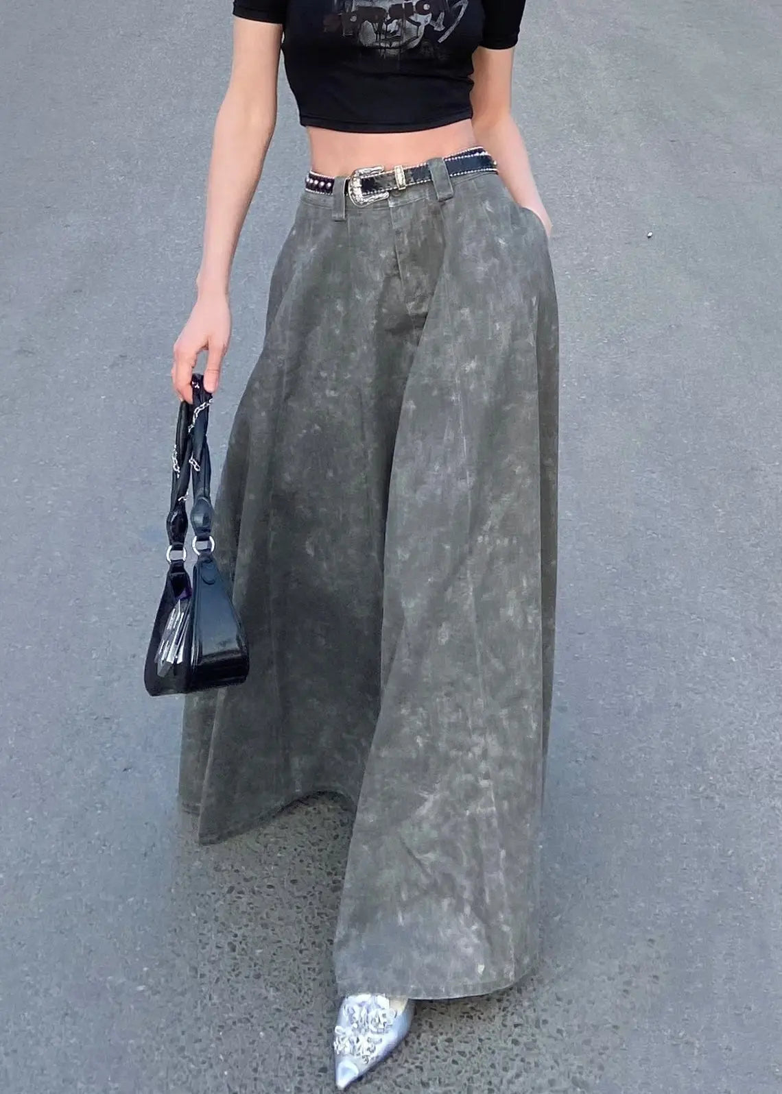 Elegant Grey  Pockets High Waist Patchwork Denim Maxi Skirts Summer Ada Fashion