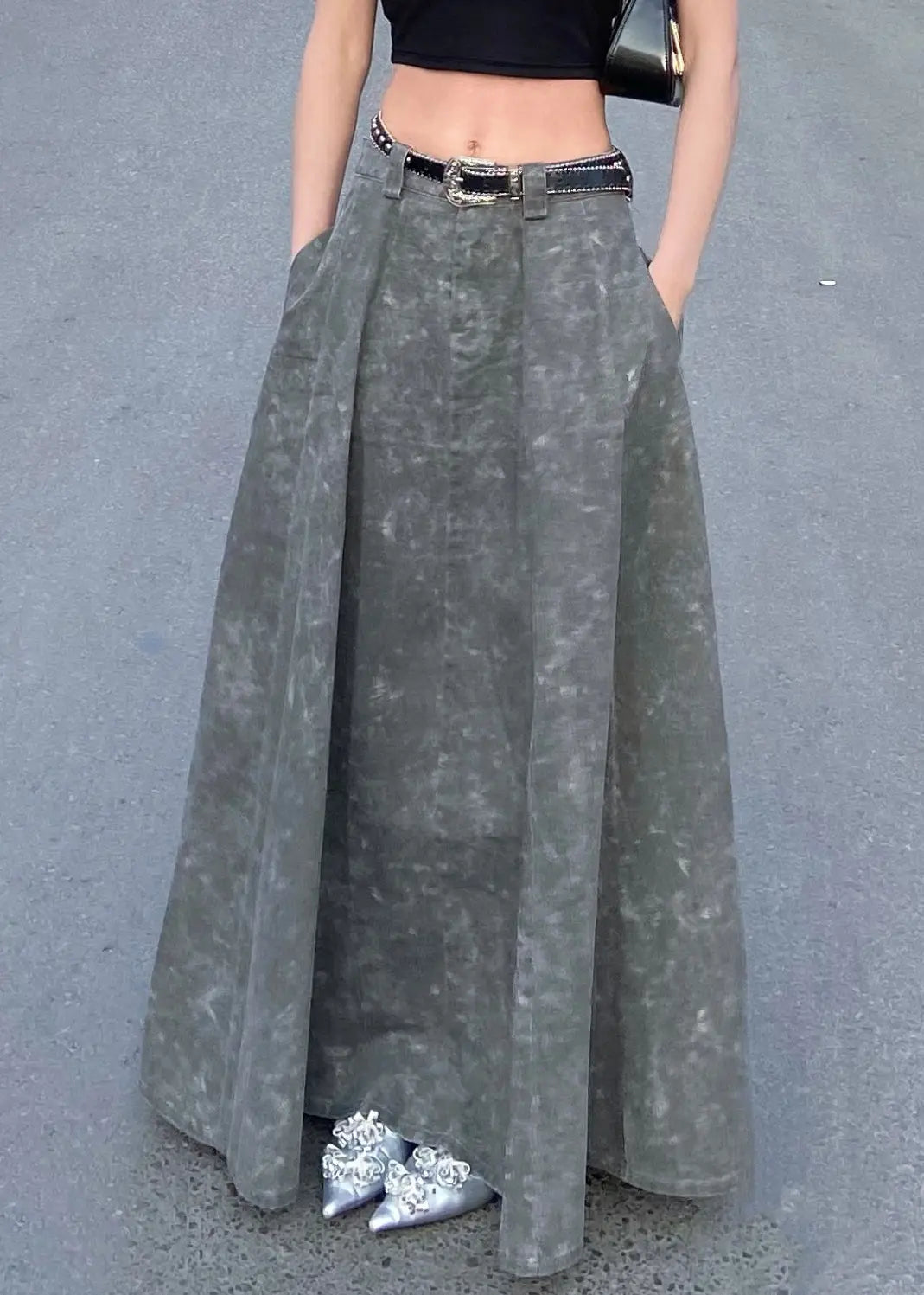 Elegant Grey  Pockets High Waist Patchwork Denim Maxi Skirts Summer Ada Fashion