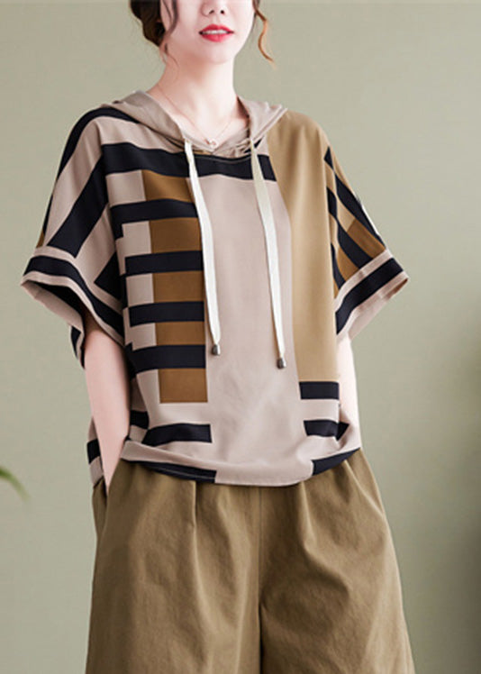 Elegant Grey Striped Patchwork Hooded Shirt Summer LY0640 - fabuloryshop