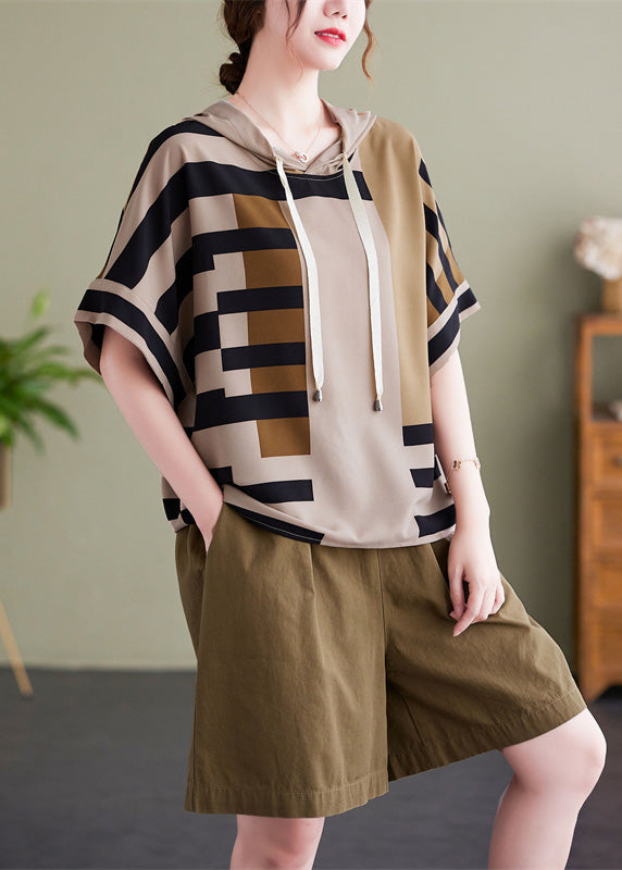 Elegant Grey Striped Patchwork Hooded Shirt Summer LY0640 - fabuloryshop