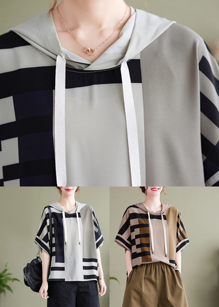 Elegant Grey Striped Patchwork Hooded Shirt Summer LY0640 - fabuloryshop