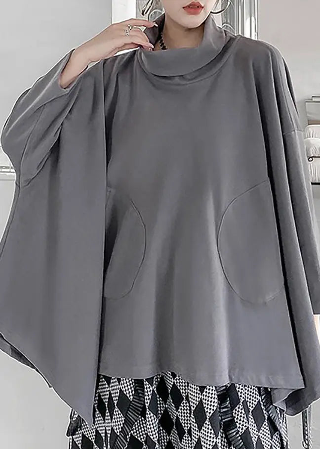 Elegant Grey Turtleneck Asymmetrical Sweatshirts Top Fall Ada Fashion