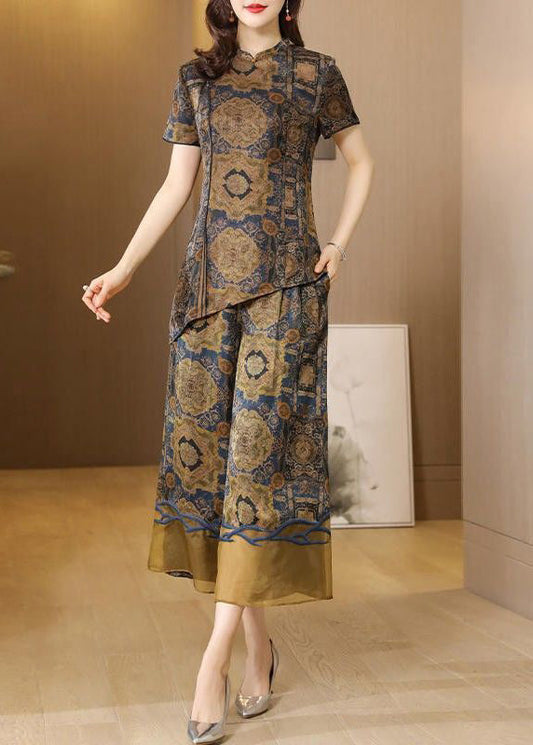 Elegant Khaki Asymmetrical Design Print Silk Two Pieces Set Summer LY0701 - fabuloryshop