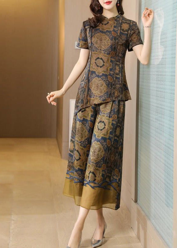 Elegant Khaki Asymmetrical Design Print Silk Two Pieces Set AC3007 - fabuloryshop