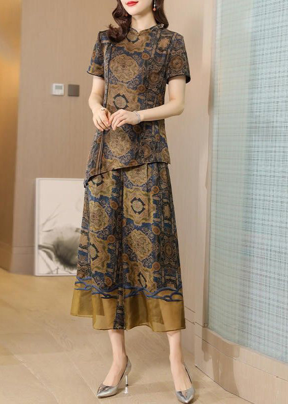 Elegant Khaki Asymmetrical Design Print Silk Two Pieces Set AC3007 - fabuloryshop