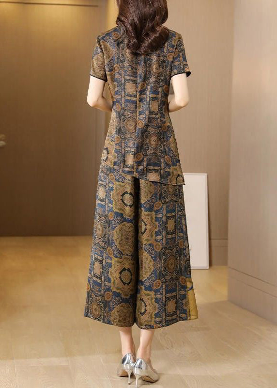 Elegant Khaki Asymmetrical Design Print Silk Two Pieces Set AC3007