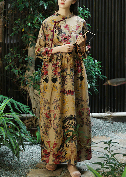 Elegant Khaki Button Print Patchwork Cotton Long Dresses Fall Ada Fashion