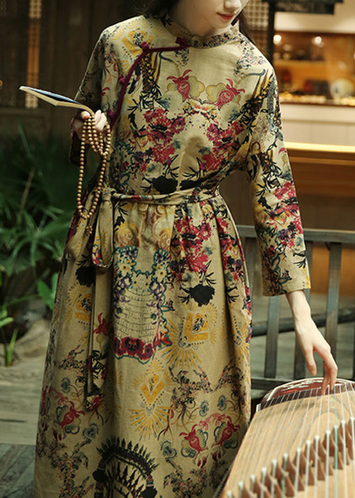 Elegant Khaki Button Print Patchwork Cotton Long Dresses Fall Ada Fashion