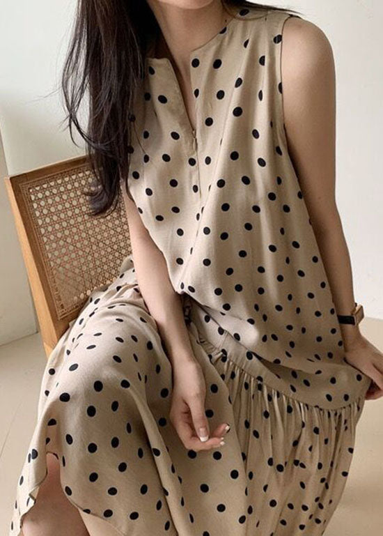 Elegant Khaki O Neck Patchwork Dot Print Cotton Dresses Summer LY2064 - fabuloryshop