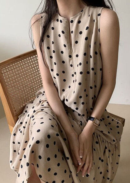 Elegant Khaki O Neck Patchwork Dot Print Cotton Dresses Summer LY2064 - fabuloryshop