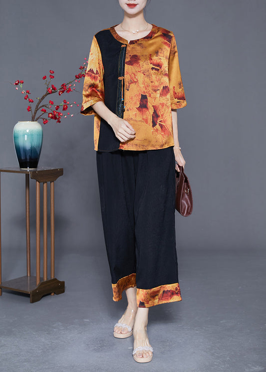 Elegant Khaki Oversized Patchwork Silk Two Pieces Set Half Sleeve LY3609