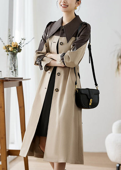 Elegant Khaki Peter Pan Collar Pockets Patchwork Faux Leather Trench Fall Ada Fashion