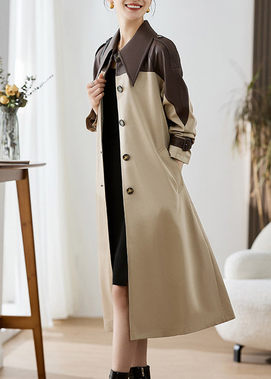 Elegant Khaki Peter Pan Collar Pockets Patchwork Faux Leather Trench Fall Ada Fashion