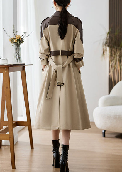 Elegant Khaki Peter Pan Collar Pockets Patchwork Faux Leather Trench Fall Ada Fashion