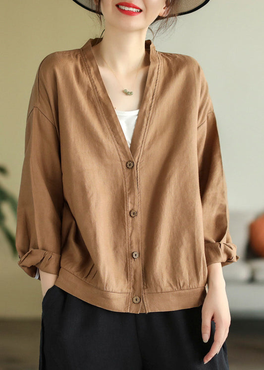 Elegant Khaki V Neck Button Linen Top Long Sleeve TG1041 - fabuloryshop