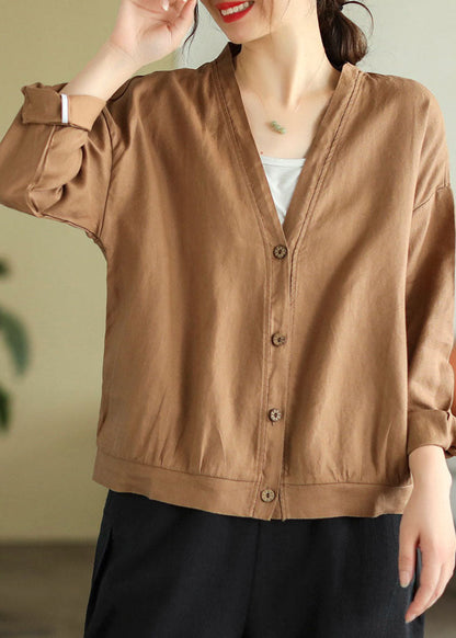 Elegant Khaki V Neck Button Linen Top Long Sleeve TG1041 - fabuloryshop