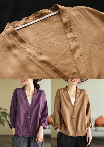 Elegant Khaki V Neck Button Linen Top Long Sleeve TG1041 - fabuloryshop