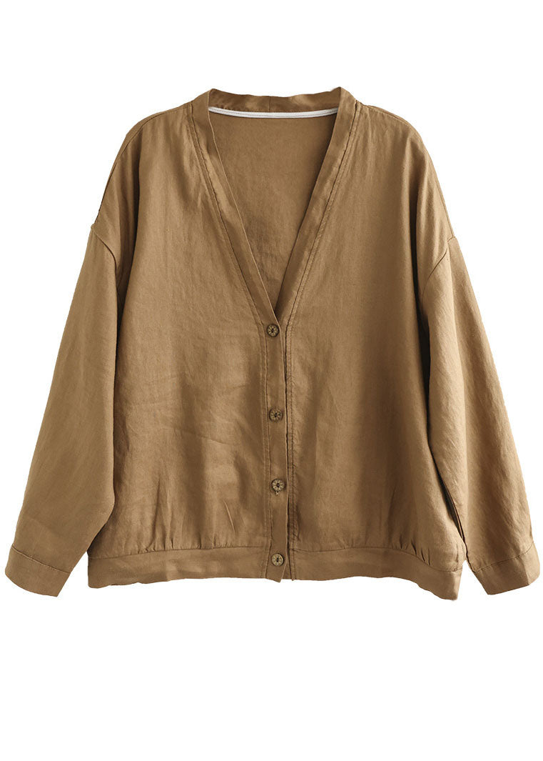 Elegant Khaki V Neck Button Linen Top Long Sleeve TG1041 - fabuloryshop