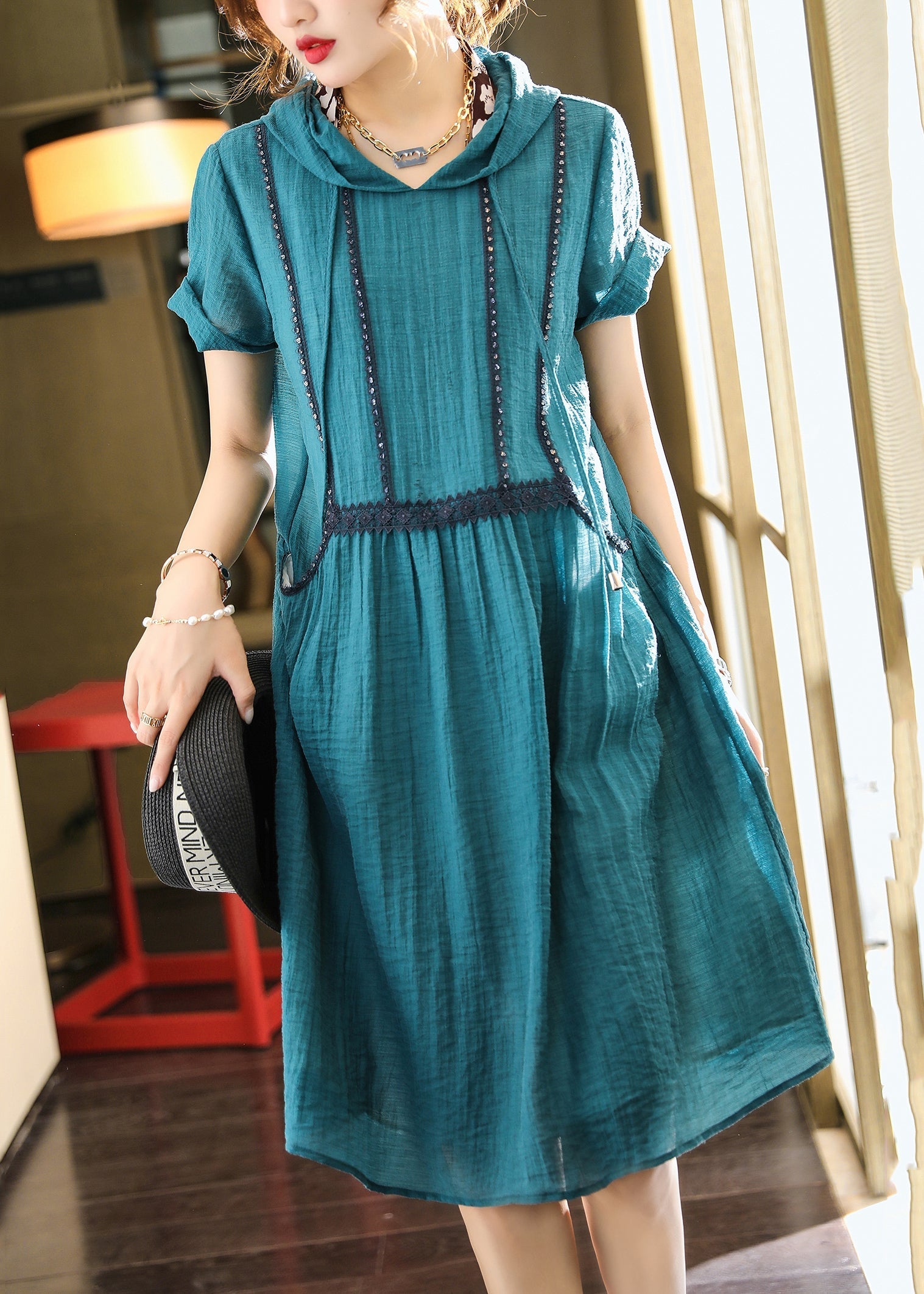 Elegant Lake Blue Hooded Pockets Patchwork Cotton Dress Summer Ada Fashion