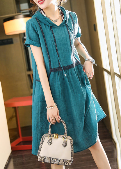 Elegant Lake Blue Hooded Pockets Patchwork Cotton Dress Summer Ada Fashion