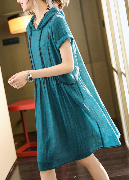 Elegant Lake Blue Hooded Pockets Patchwork Cotton Dress Summer Ada Fashion