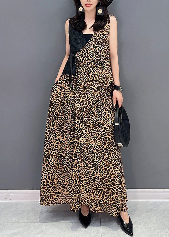 Elegant Leopard Tie Waist Top And Maxi Skirts Two Pieces Set Summer LY4370 - fabuloryshop