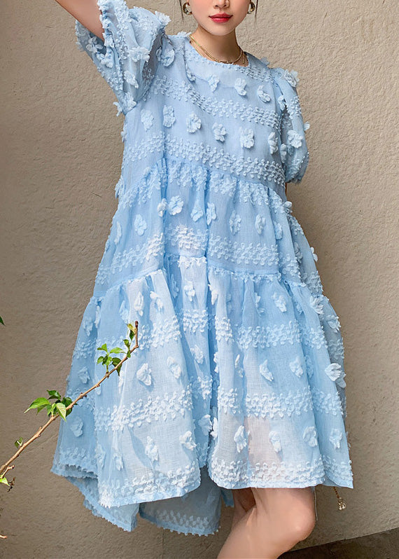 Elegant Light Blue O-Neck Floral Zippered Long Dresses Puff Sleeve LY0751 - fabuloryshop