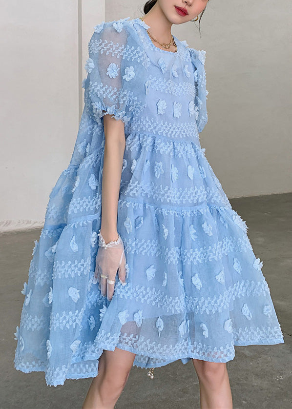 Elegant Light Blue O-Neck Floral Zippered Long Dresses Puff Sleeve LY0751 - fabuloryshop