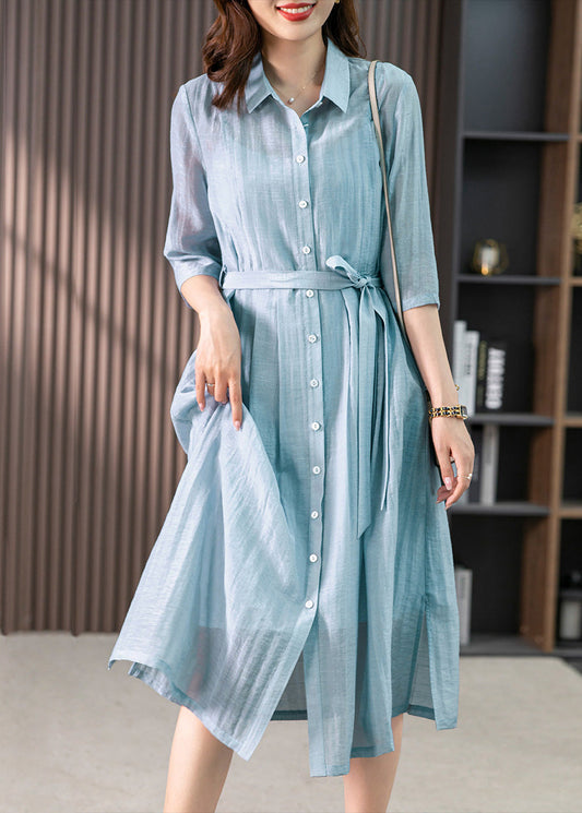 Elegant Light Blue Peter Pan Collar Tie Waist Solid Linen Maxi Dresses Summer LY1744 - fabuloryshop