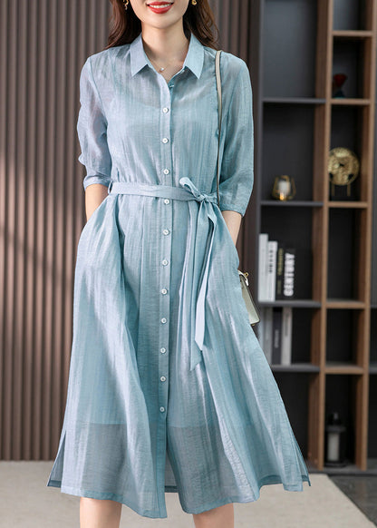 Elegant Light Blue Peter Pan Collar Tie Waist Solid Linen Maxi Dresses Summer LY1744 - fabuloryshop