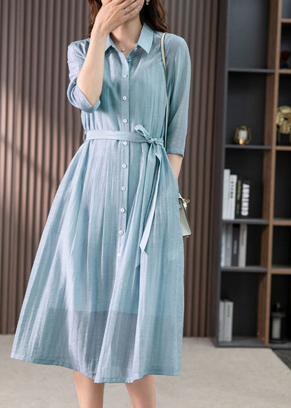 Elegant Light Blue Peter Pan Collar Tie Waist Solid Linen Maxi Dresses Summer LY1744 - fabuloryshop