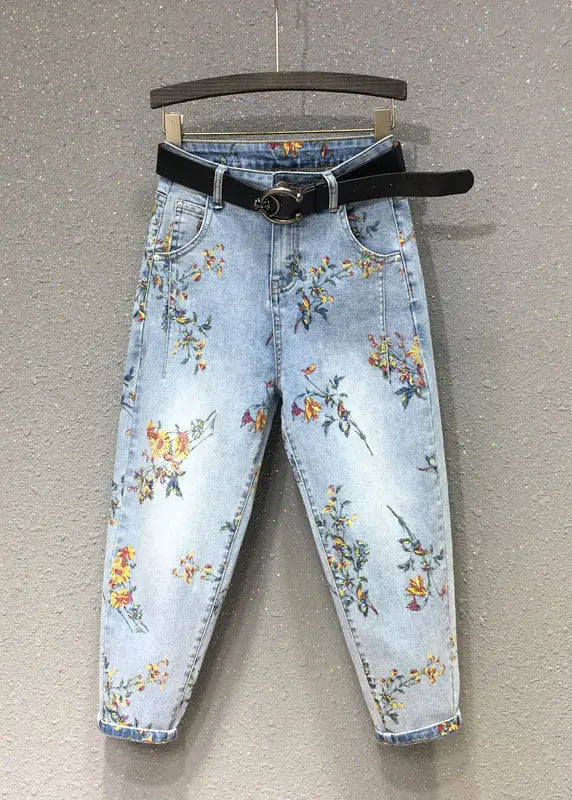 Elegant Light Blue Print Patchwork Crop Jeans Fall Ada Fashion