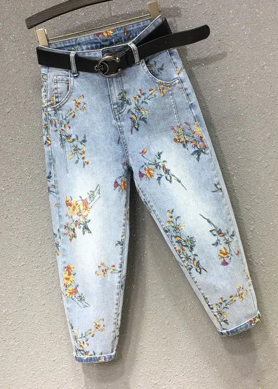 Elegant Light Blue Print Patchwork Crop Jeans Fall Ada Fashion