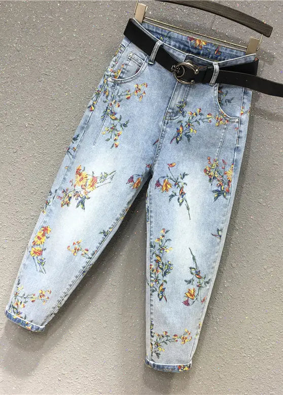 Elegant Light Blue Print Patchwork Crop Jeans Fall Ada Fashion