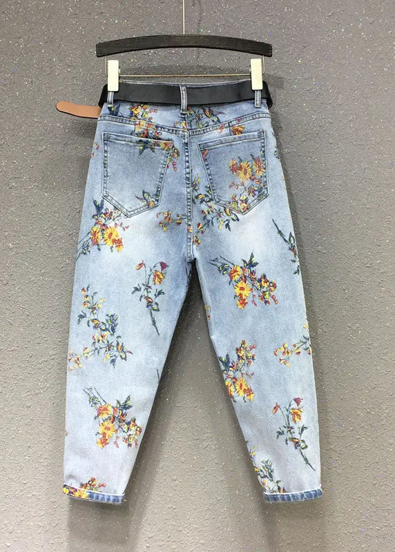 Elegant Light Blue Print Patchwork Crop Jeans Fall Ada Fashion