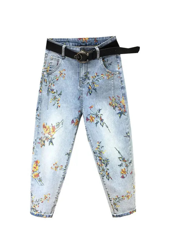 Elegant Light Blue Print Patchwork Crop Jeans Fall Ada Fashion