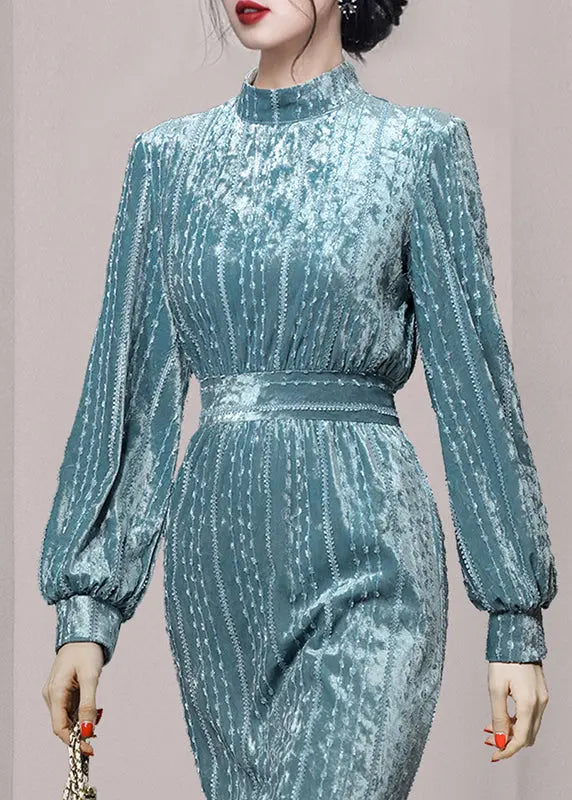 Elegant Light Blue Stand Collar Ruffled Patchwork Velour Dress Fall Ada Fashion