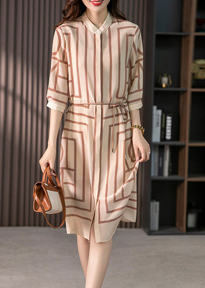 Elegant Light Coffee O-Neck Striped Side Open Silk Maxi Dress Half Sleeve LY1756 - fabuloryshop