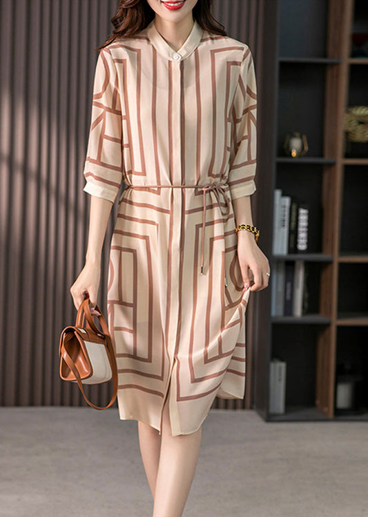 Elegant Light Coffee O-Neck Striped Side Open Silk Maxi Dress Half Sleeve LY1756 - fabuloryshop