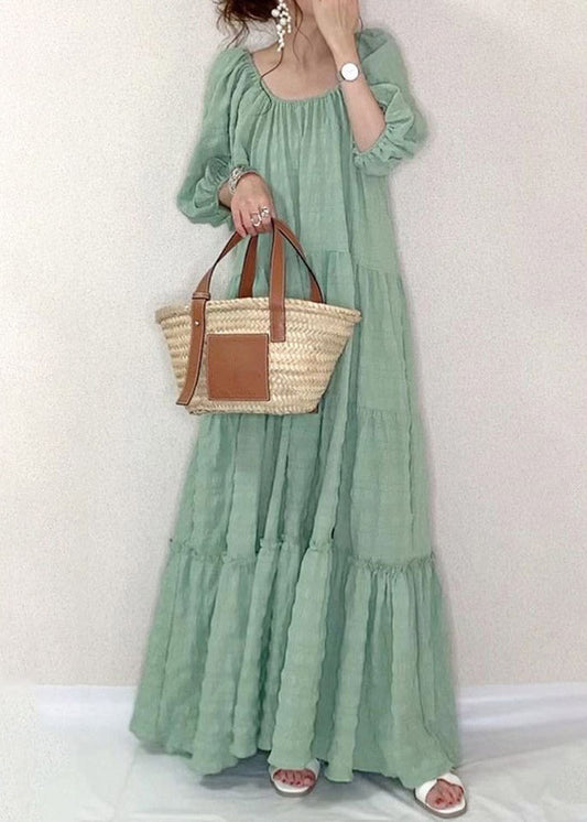 Elegant Light Green O-Neck Patchwork Wrinkled Maxi Dresses Puff Sleeve LY1995 - fabuloryshop