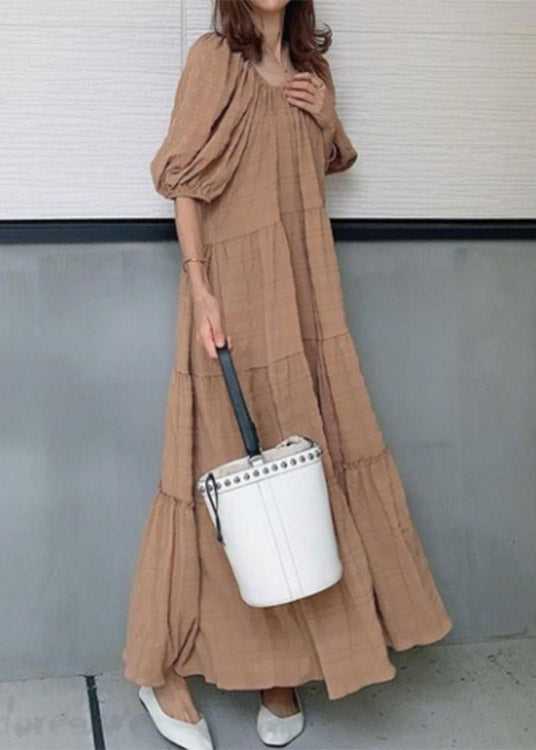 Elegant Light Green O-Neck Patchwork Wrinkled Maxi Dresses Puff Sleeve LY1995 - fabuloryshop